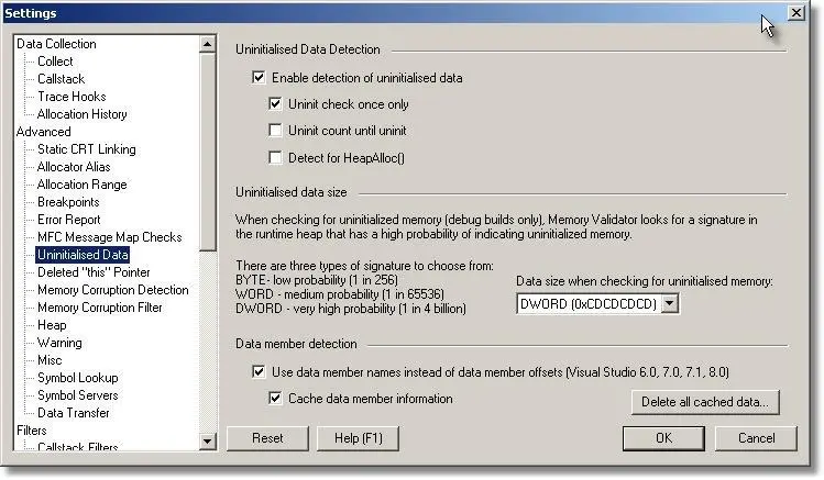 Memory Validator uninitialised data settings