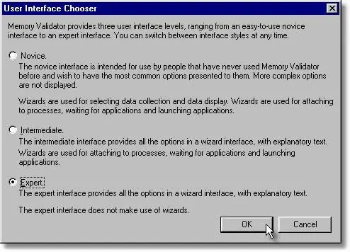 Memory Validator user interface mode dialog