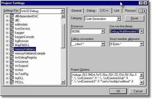 Visual Studio project settings, code generation