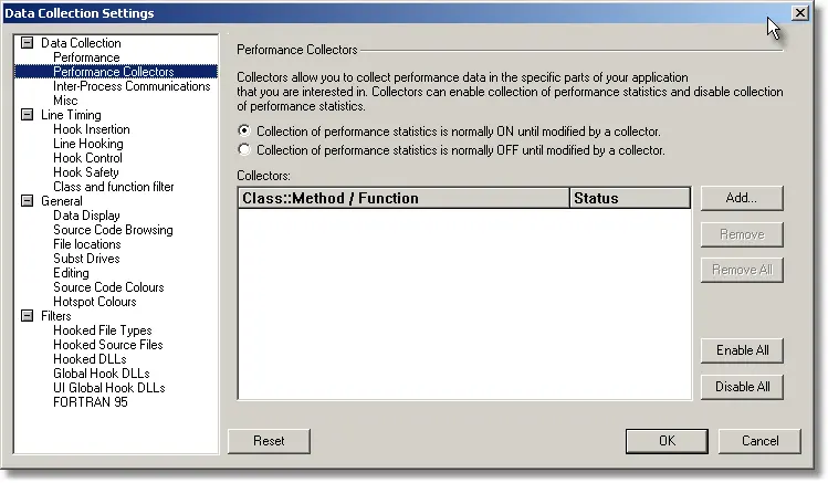 Performance Validator collector settings dialog