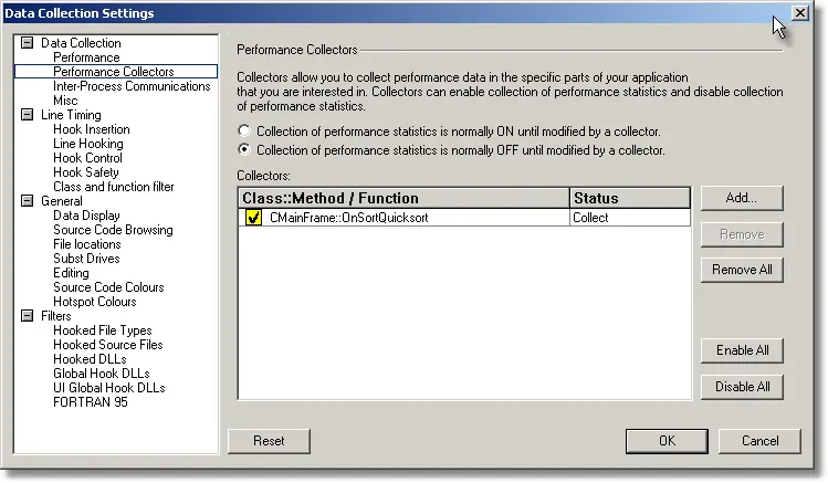 Performance Validator collector settings dialog