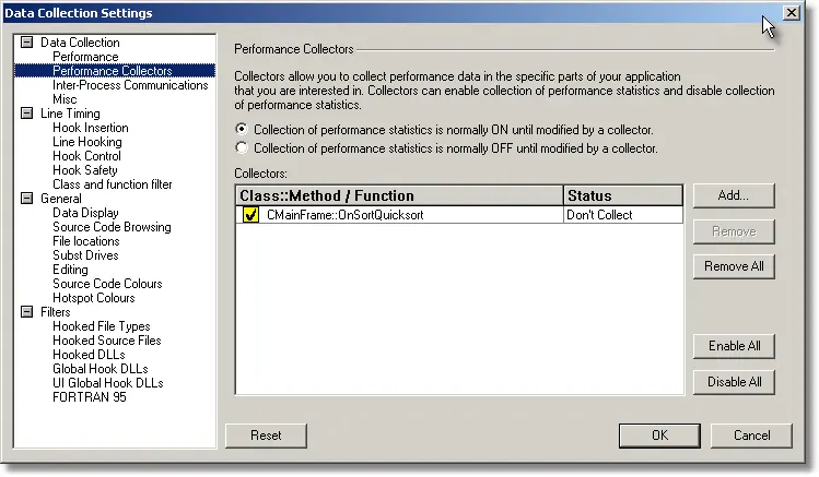 Performance Validator collector settings dialog