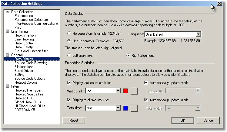 Performance Validator embedded statistics settings dialog