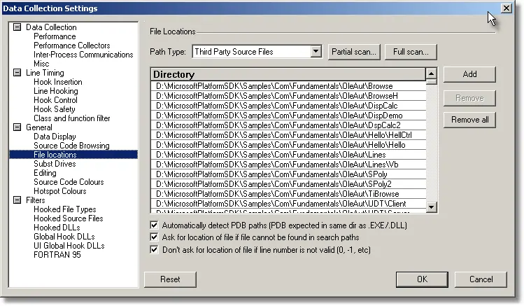 Performance Validator third party source code file locations settings dialog