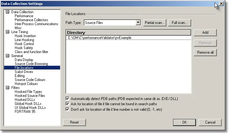 Performance Validator source code file locations settings dialog