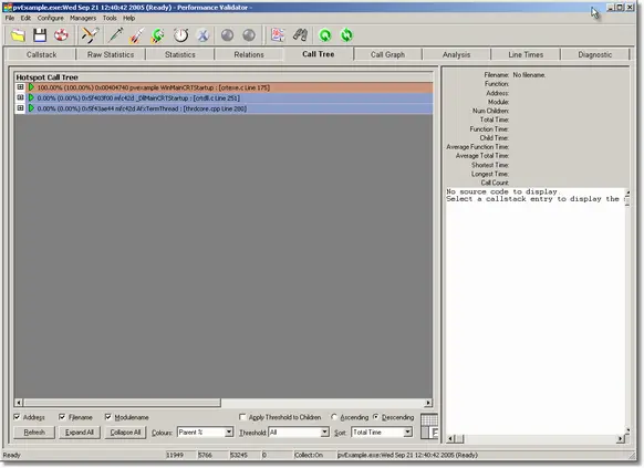 Performance Validator call tree instrumented profiling data