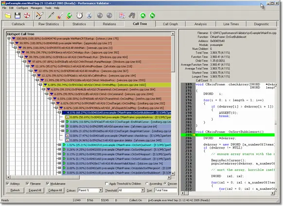 Performance Validator call tree instrumented profiling data
