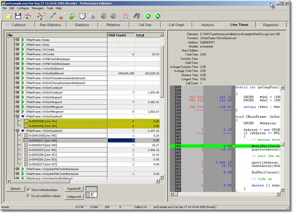 Performance Validator line timing profiling statistics