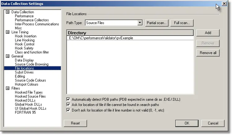 Performance Validator source code location settings