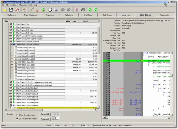 Performance Validator slow code line timing statistics