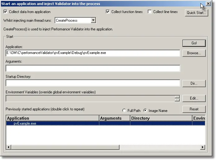 Performance Validator collecting data option on the launch dialog
