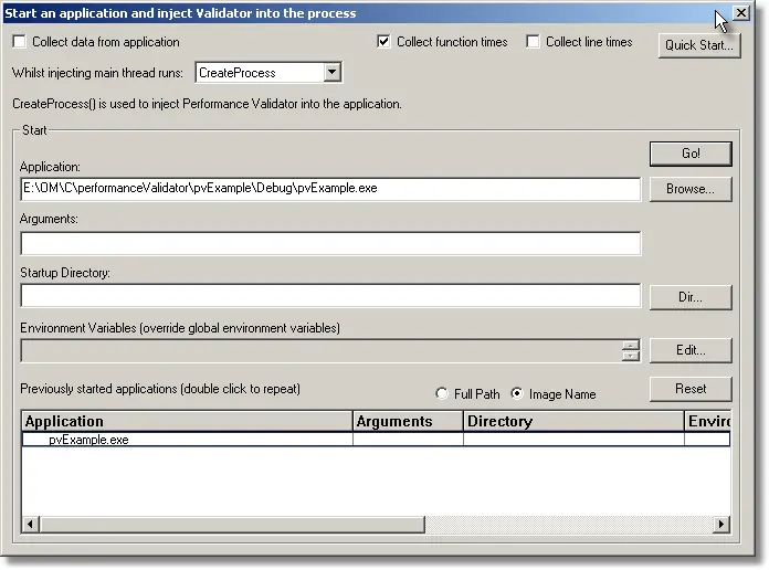 Performance Validator collect data option on launch dialog