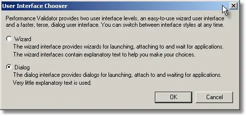 Performance Validator user interface dialog