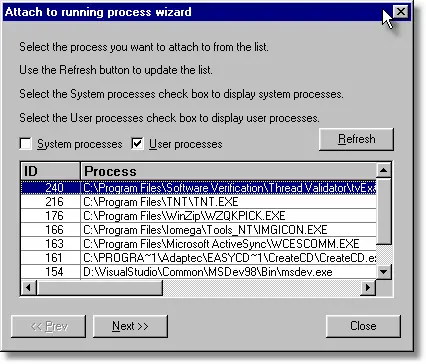 Thread Validator inject into running process wizard