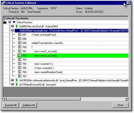 Thread Validator showing callstack for a deadlocked thread