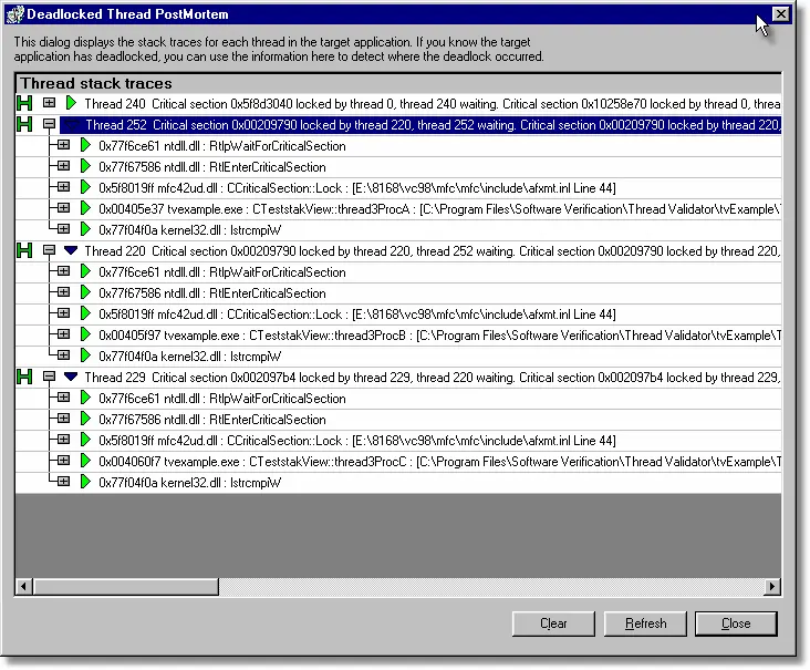 Thread Validator showing callstacks for deadlocked application