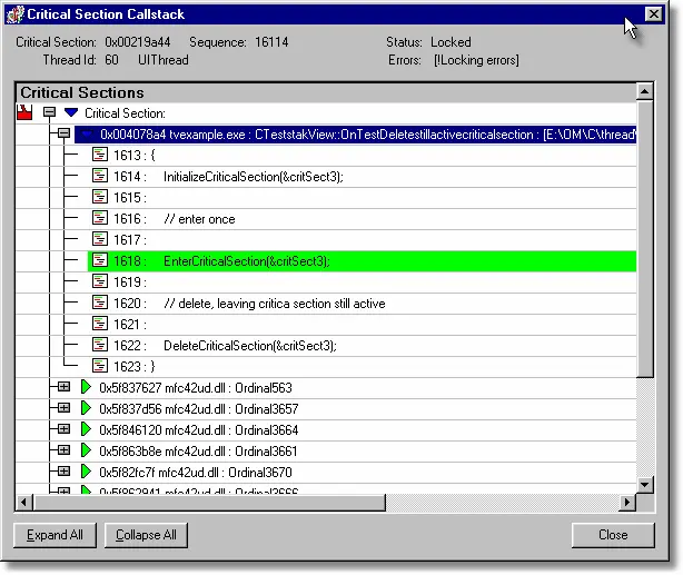 Thread Validator delete locked critical section callstack