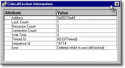 Thread Validator critical section information panel