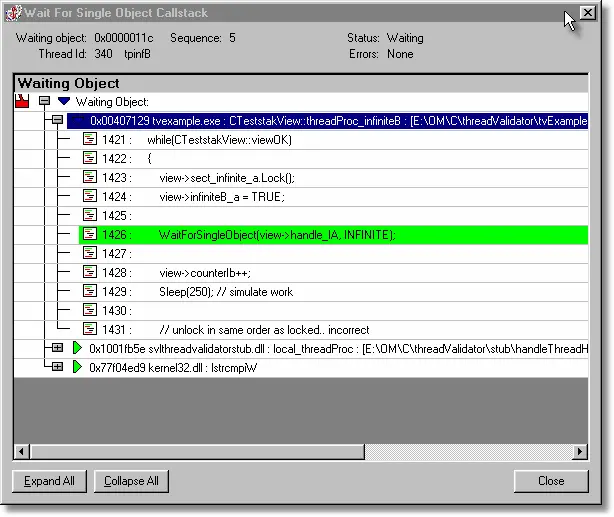 Thread Validator potential deadlock infinite wait callstack