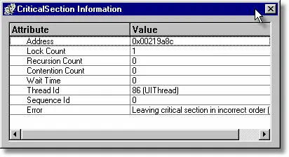 Thread Validator critical section information panel