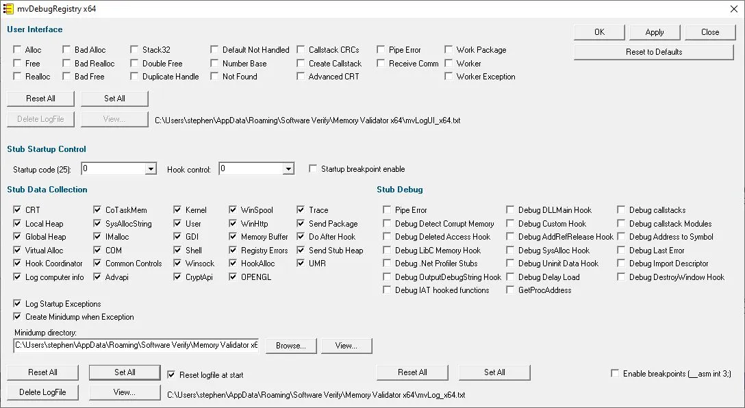 Memory Validator Debug Registry