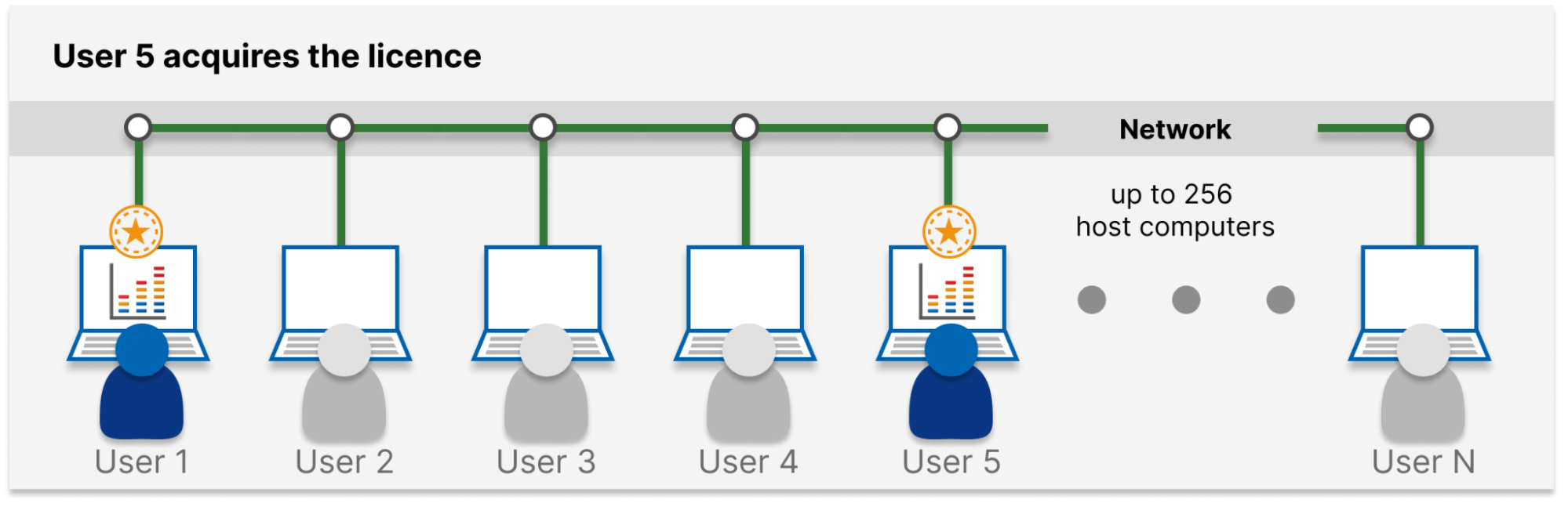 Floating licence, user 5 acquires a licence