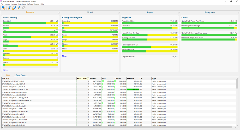 Virtual Memory Validator summary view