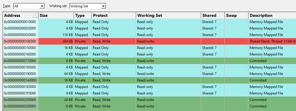 Virtual Memory Validator filter working set