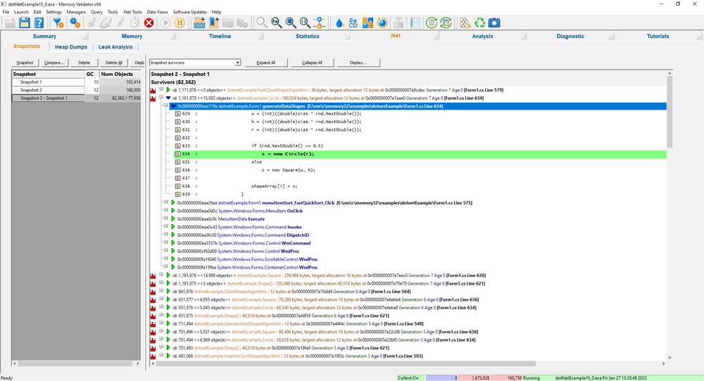 .Net snapshot comparison showing source code