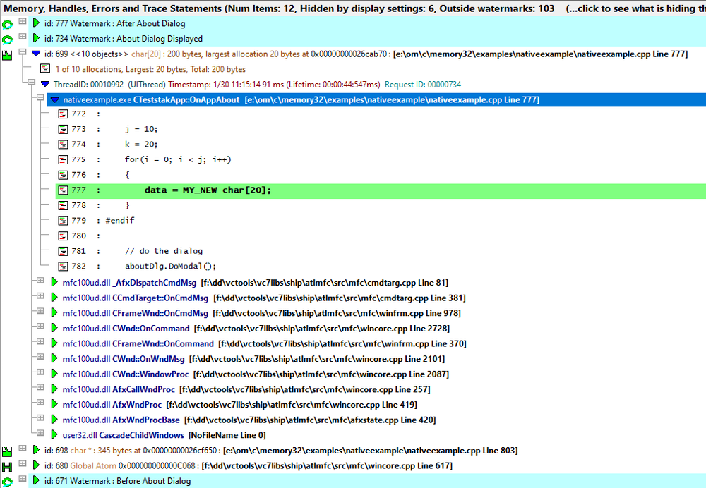 Memory view show allocated memory between two watermarks