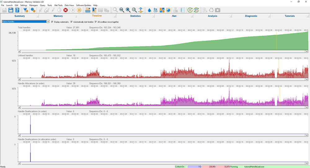 Memory Validator timeline display handles