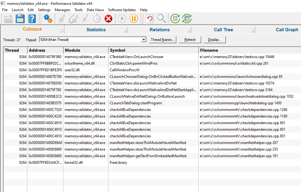 Performance Validator real-time callstack