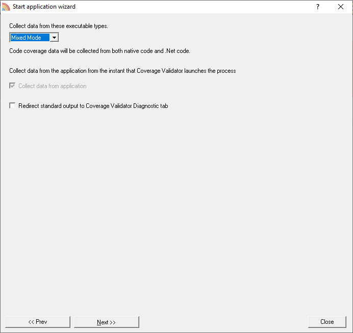 Coverage Validator launch native application wizard page 2