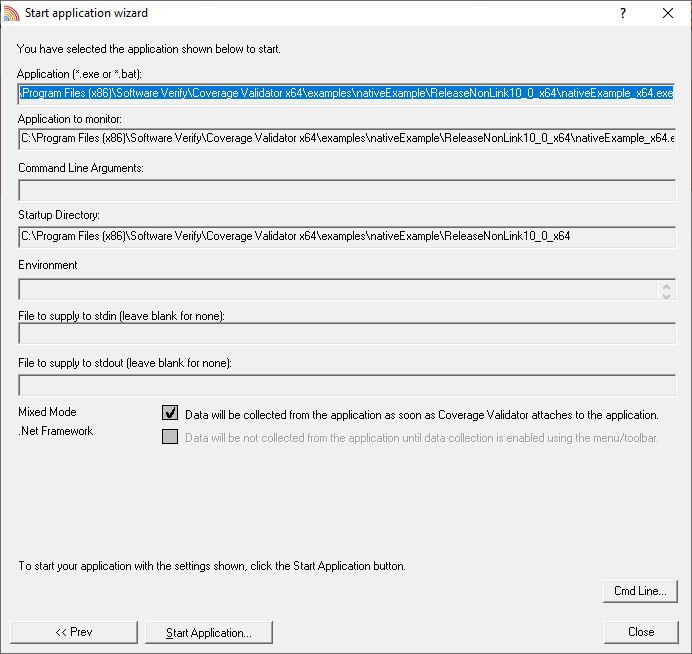 Coverage Validator launch native application wizard page 3