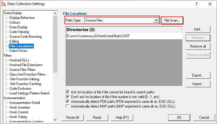 Coverage Validator File Locations source files settings