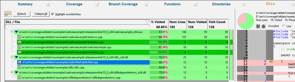 Coverage Validator, excluded DLLs tutorial, coverage results for DLLs