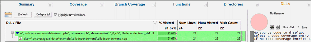 Coverage Validator, results for getting code coverage for just one DLL.