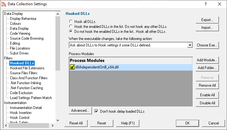 Coverage Validator, hooked DLLs configured to exclude one DLL.