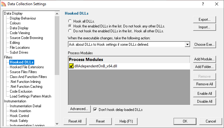 Coverage Validator, hooked DLLs configured to hook one DLL
