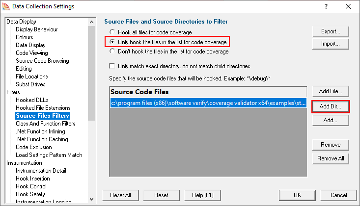 Coverage Validator, source files filter, include source files