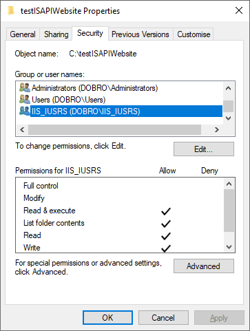 IIS Permissions security tab user group IIS_IUSRS