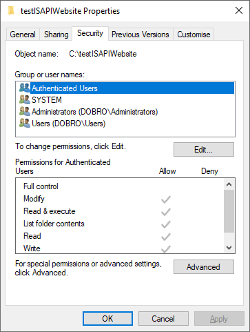 IIS Properties dialog Security tab