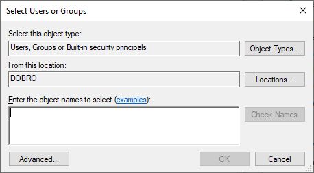 IIS Permissions Select user or group dialog