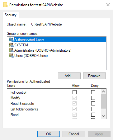IIS permissions for directory dialog