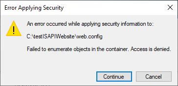 IIS Permissions warning dialog