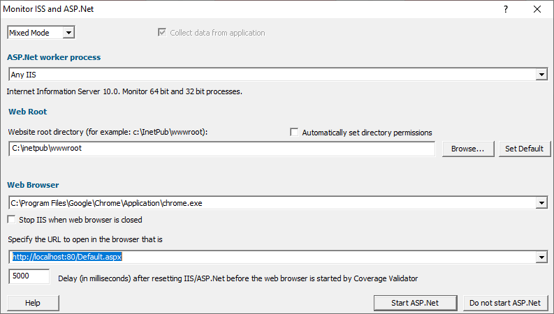 Coverage Validator IIS and ASP.Net dialog