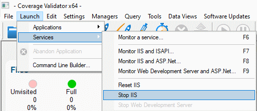 Coverage Validator launch menu stop IIS