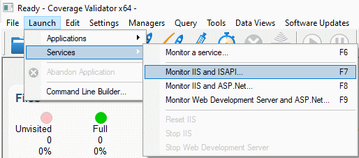 Coverage Validator launch menu IIS and ISAPI