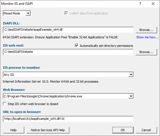 Coverage Validator IIS and ISAPI dialog