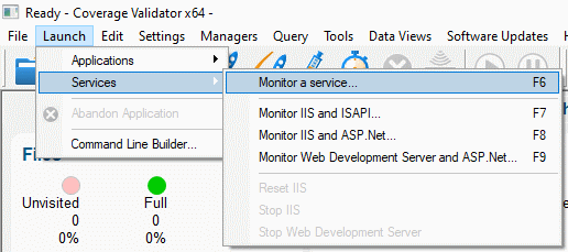 Coverage Validator launch menu monitor a service